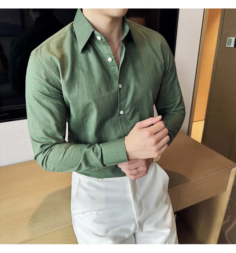 Camisa de hombre de color liso de alta calidad, 55 % algodón y 45 % lino, transpirable y con absorción de sudor, de manga larga. Tallas M-4XL.