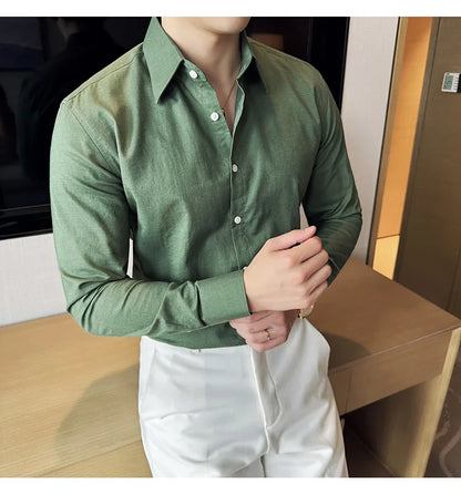 Camisa de hombre de color liso de alta calidad, 55 % algodón y 45 % lino, transpirable y con absorción de sudor, de manga larga. Tallas M-4XL.