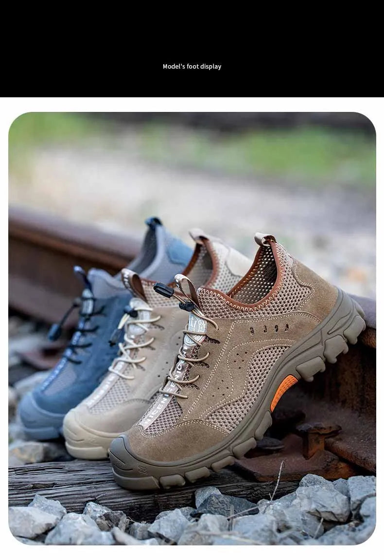 Zapatos de seguridad de piel de vaca, transpirables, para hombre, con puntera de acero, resistentes a impactos, botas de trabajo, indestructibles, zapatillas de trabajo modernas.