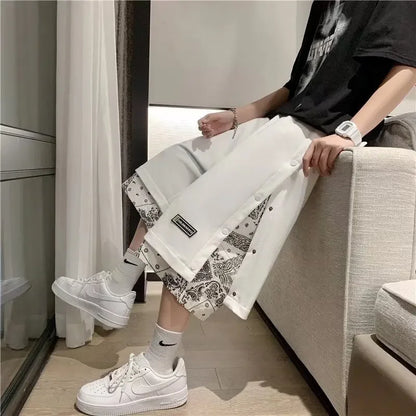 Pantalones cortos de estilo americano con cintura elástica para hombre, marca de moda, estilo hip hop, ropa de calle, holgados, de dos piezas, estilo casual de verano.
