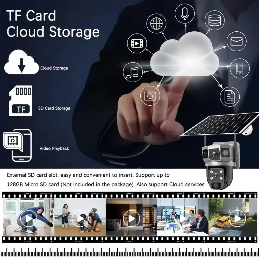 Cámara solar exterior V380Pro de 12 MP con IP 4G/WiFi, visión nocturna HD, seguimiento PTZ, detección de movimiento PIR y seguridad para el hogar (CCTV inteligente).