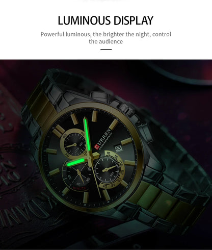 CURREN - Reloj cronógrafo de acero inoxidable para hombre con manecillas luminosas, tres subesferas, fecha automática, diseño moderno, de cuarzo