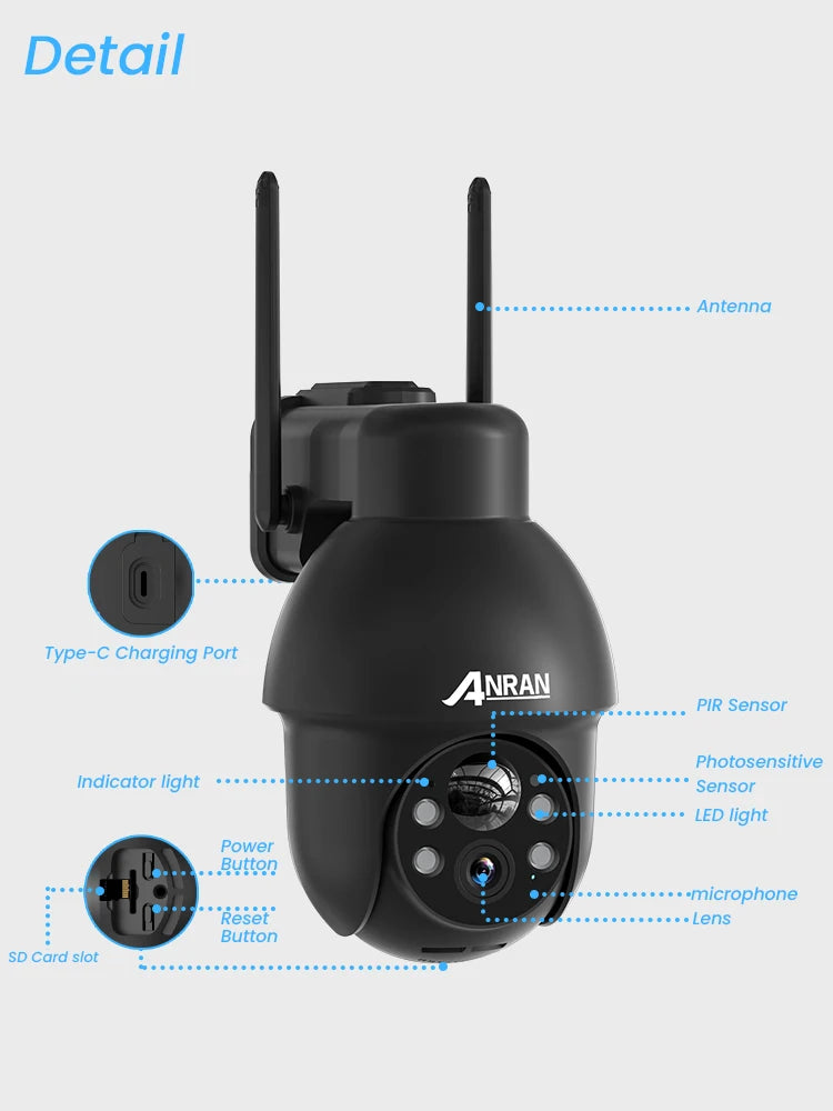 Cámara de seguridad inalámbrica solar ANRAN de 3 MP para exteriores con WiFi, audio bidireccional, resistente al agua IP66, visualización remota, flash y foco.