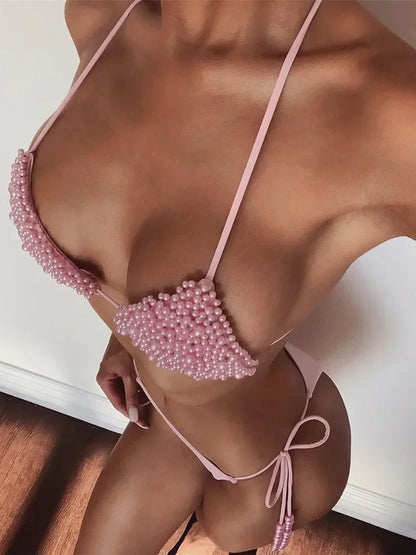 Bikini de lujo con perlas y escote halter, mini bikinis, micro bikinis, traje de baño femenino, conjunto de bikini de dos piezas, traje de baño para mujer