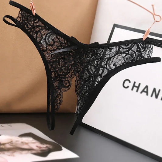 Lencería sexy para mujer, bragas transparentes con abertura en la entrepierna, tangas con lazo, ropa interior de encaje para mujer