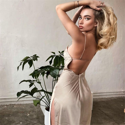 Women Summer Satin Silky Spaghetti Strap Split Long Dress Elegant Sleeveless Backless Club Party Beach Sexy Dresses Vestito