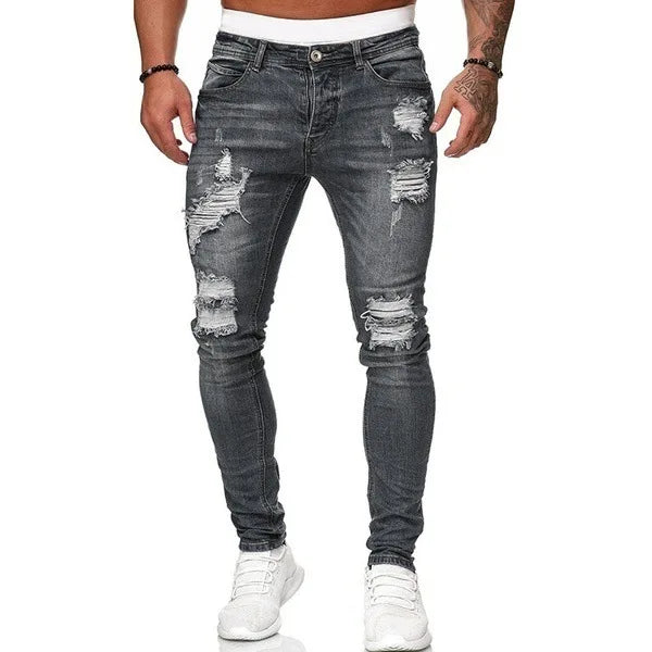 Pantalones vaqueros negros de hombre, corte ajustado, color gris, estilo casual, ajustados, estilo hip hop, urbano, de algodón.