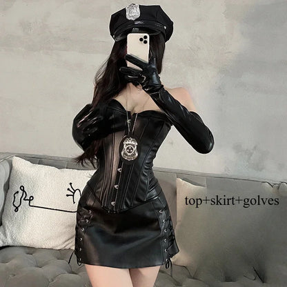 PU Leather Top and Skirt Set Vestido Strapless Top Shiny Hot Dress Tight Package Hip Queen Uniform Sexy Clubwear Cat Girl Set