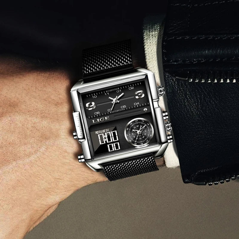 Reloj LIGE de acero negro para hombre, reloj digital con doble pantalla, cronógrafo deportivo, resistente al agua, de cuarzo, estilo militar