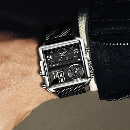 Reloj LIGE de acero negro para hombre, reloj digital con doble pantalla, cronógrafo deportivo, resistente al agua, de cuarzo, estilo militar