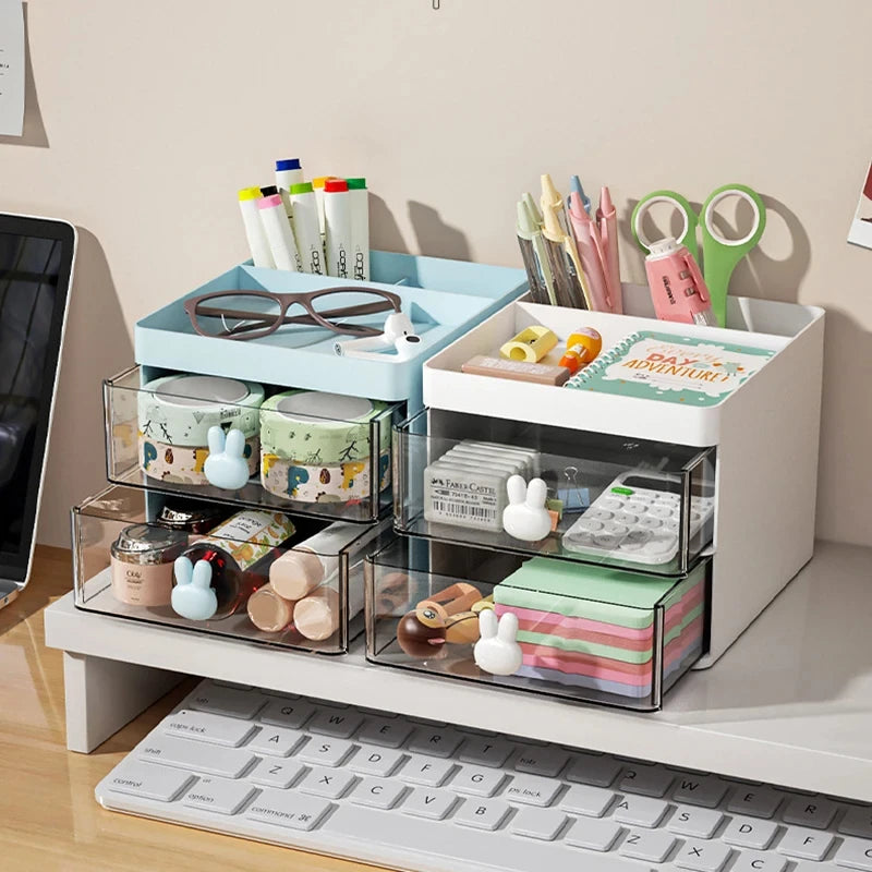 Organizador de escritorio pequeño con cajón, organizador de maquillaje, para tarjetas de presentación, bolígrafos, lápices, teléfono móvil y papelería.