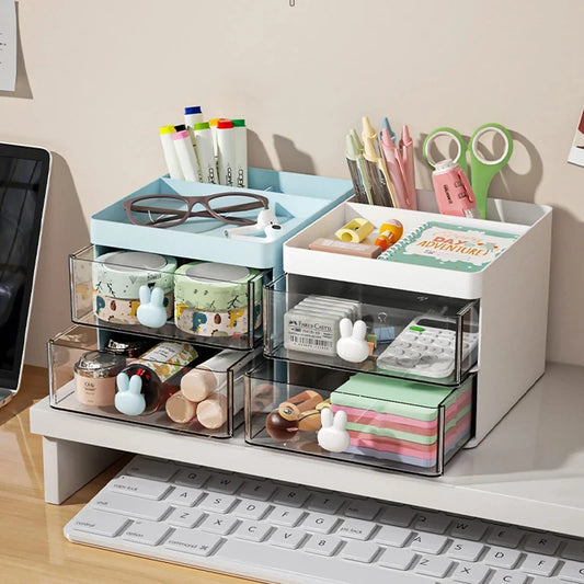 Organizador de escritorio pequeño con cajón, organizador de maquillaje, para tarjetas de presentación, bolígrafos, lápices, teléfono móvil y papelería.