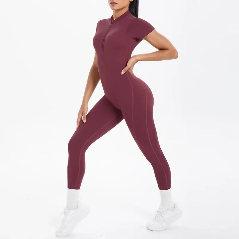 Mono deportivo de yoga sexy con cremallera frontal, espalda descubierta, manga corta, pantalones cortos, ropa deportiva para fitness, correr, gimnasio, yoga y actividades deportivas para mujer.