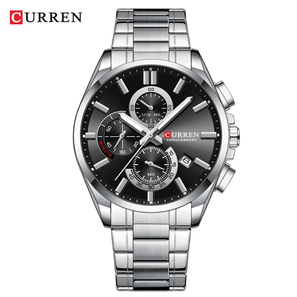 CURREN - Reloj cronógrafo de acero inoxidable para hombre con manecillas luminosas, tres subesferas, fecha automática, diseño moderno, de cuarzo