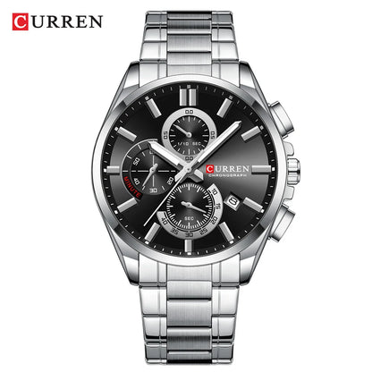 CURREN - Reloj cronógrafo de acero inoxidable para hombre con manecillas luminosas, tres subesferas, fecha automática, diseño moderno, de cuarzo