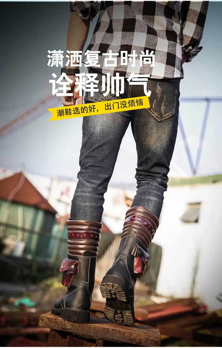 Botas altas de cuero para hombre, estilo motero, de invierno, estilo gótico punk, para hombre, estilo militar informal, para uso exterior.