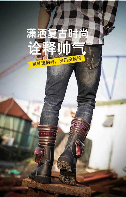Botas altas de cuero para hombre, estilo motero, de invierno, estilo gótico punk, para hombre, estilo militar informal, para uso exterior.