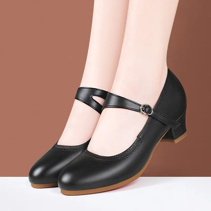 Zapatos Mary Jane de plataforma de piel suave, cómodos y poco profundos, de 3,5 cm y 5,5 cm, para primavera de 2025, con tacón de bloque mediano, para oficina y mamá.