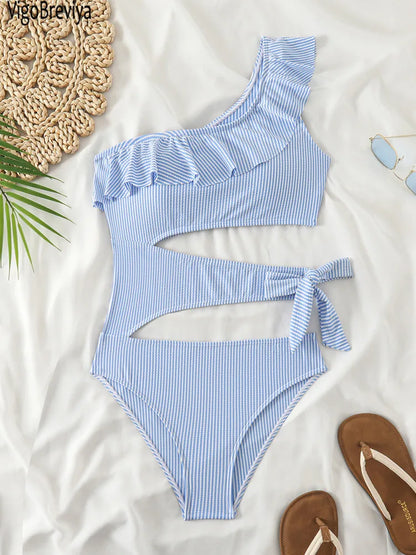 VigoBeviya 2025 Women Ruffle One-shoulder Swimwear Hollow Push Up One Piece Swimsuit Sexy Lady Monokini Blue Beach Bathing Suit