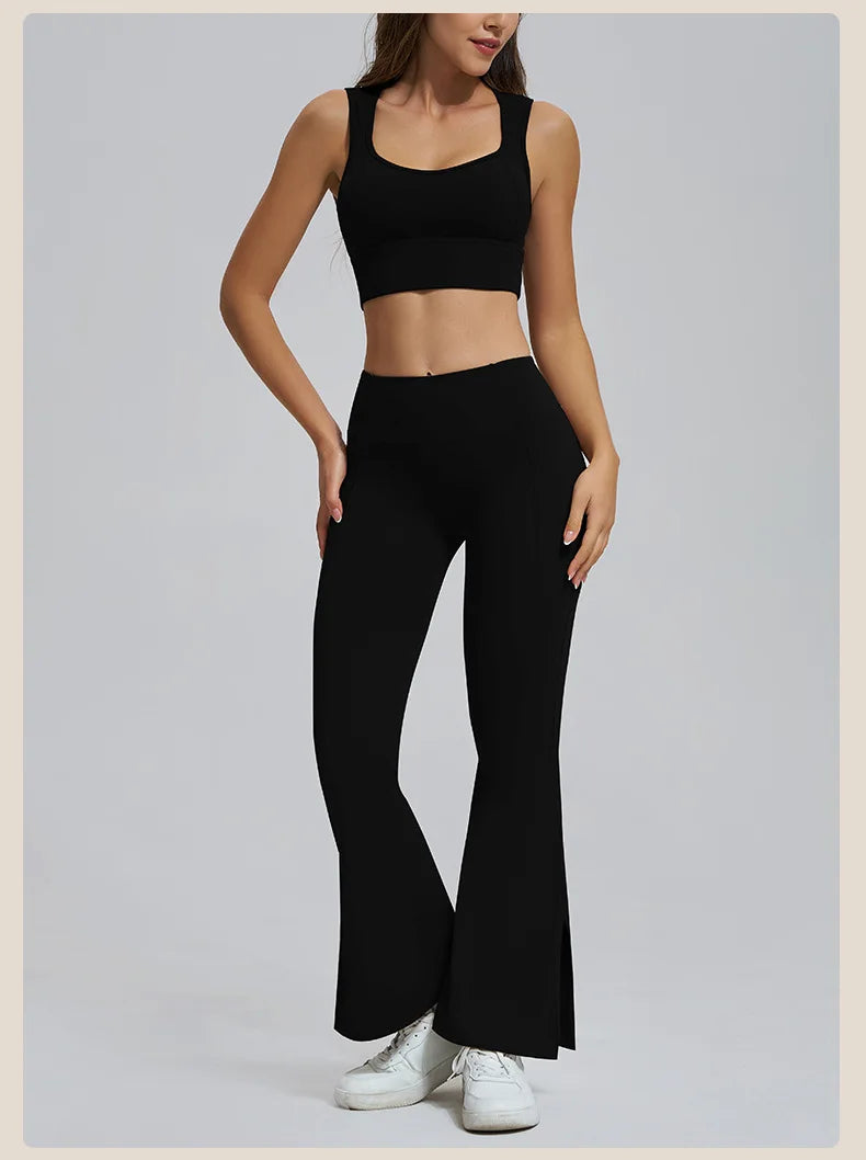 Conjuntos de yoga para mujer, sujetador deportivo con espalda hueca y amortiguación, leggings de cintura alta y acampanados, ropa de gimnasio, ropa para correr y entrenar.