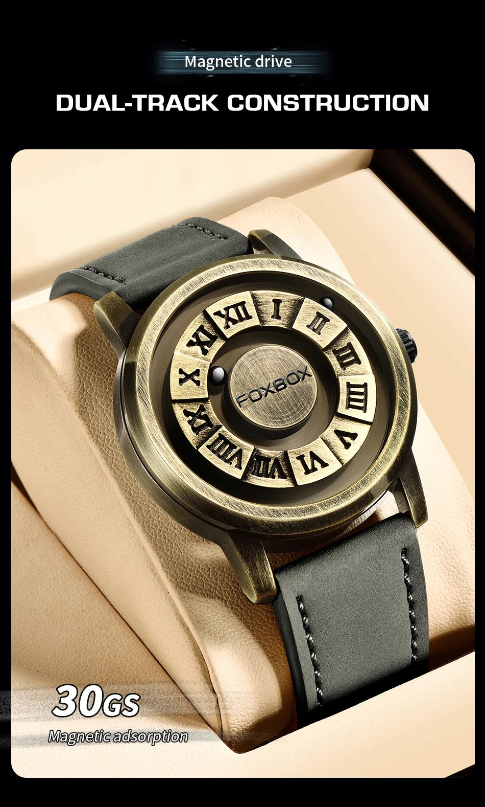 Reloj de cuarzo para hombre FOXBOX, moda, personalidad, creativo, con bola de hierro giratoria, puntero magnético, resistente al agua, para hombre, regalo + caja.