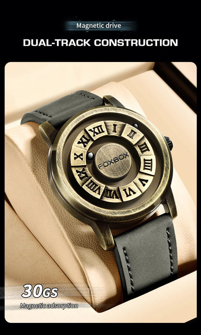 Reloj de cuarzo para hombre FOXBOX, moda, personalidad, creativo, con bola de hierro giratoria, puntero magnético, resistente al agua, para hombre, regalo + caja.
