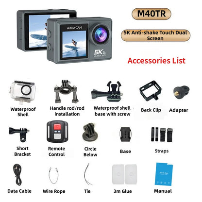 Cámara de acción M40TR 5K con pantalla táctil IPS de 2", zoom 5X, 170°, alcance de 30 m, antivibración, impermeable, control remoto WiFi, deportiva