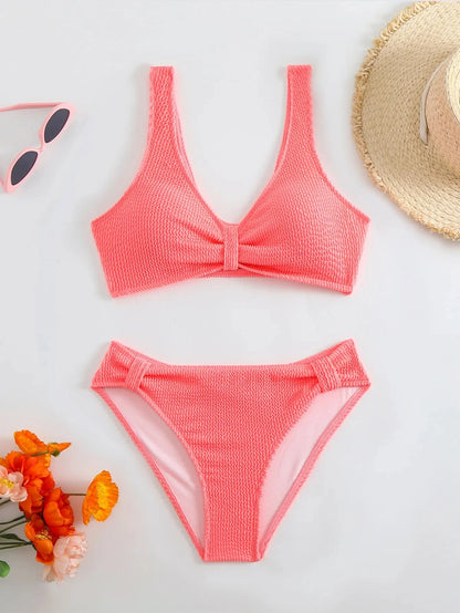 Nuevo traje de baño de dos piezas de bikini 2025, color puro, alta elasticidad, monocromático, ajuste cómodo, ropa de playa para mujer.