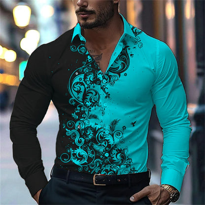 Camisa estampada con degradado para hombre, estilo informal elegante, manga larga con solapa, ideal para fiestas y eventos sociales, 9 colores