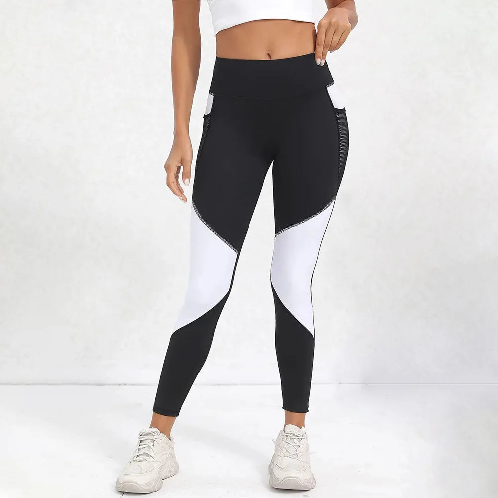 Leggings de yoga de cintura alta con bloques de color para mujer, leggings de entrenamiento con control de abdomen para mujer