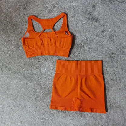 Conjunto de yoga fitness sin costuras para mujer, ropa deportiva de cintura alta, leggings, pantalones cortos de dos piezas, ropa de gimnasio para mujer