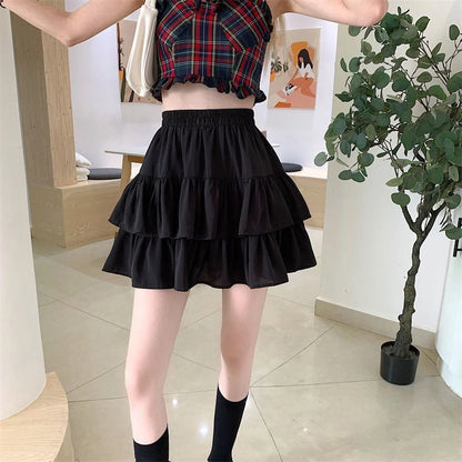 Falda plisada de corte A para mujer, blanca, con volantes, estilo dulce y escalonado, cintura elástica, estilo Harajuku coreano básico y ajustado para verano