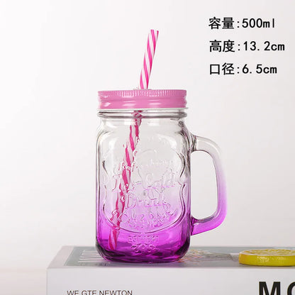 Jarra de vidrio de 480 ml, 500 ml y 16 oz con tapa de hierro y pajita de plástico, cuadrada, con degradado de color.
