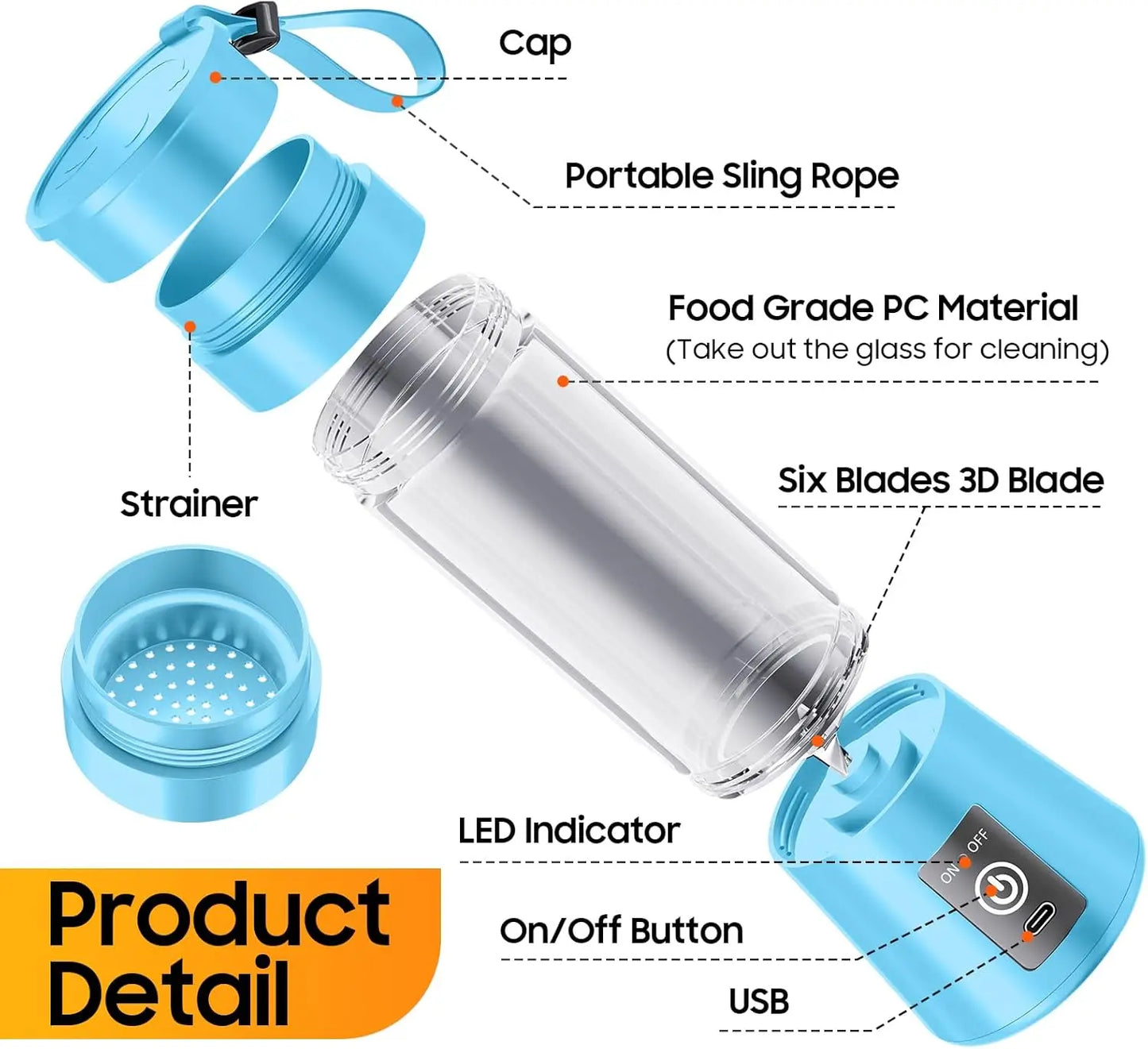 Mini licuadora eléctrica de 380 ml para uso doméstico, recargable por USB, para batidos, para picnic al aire libre, portátil