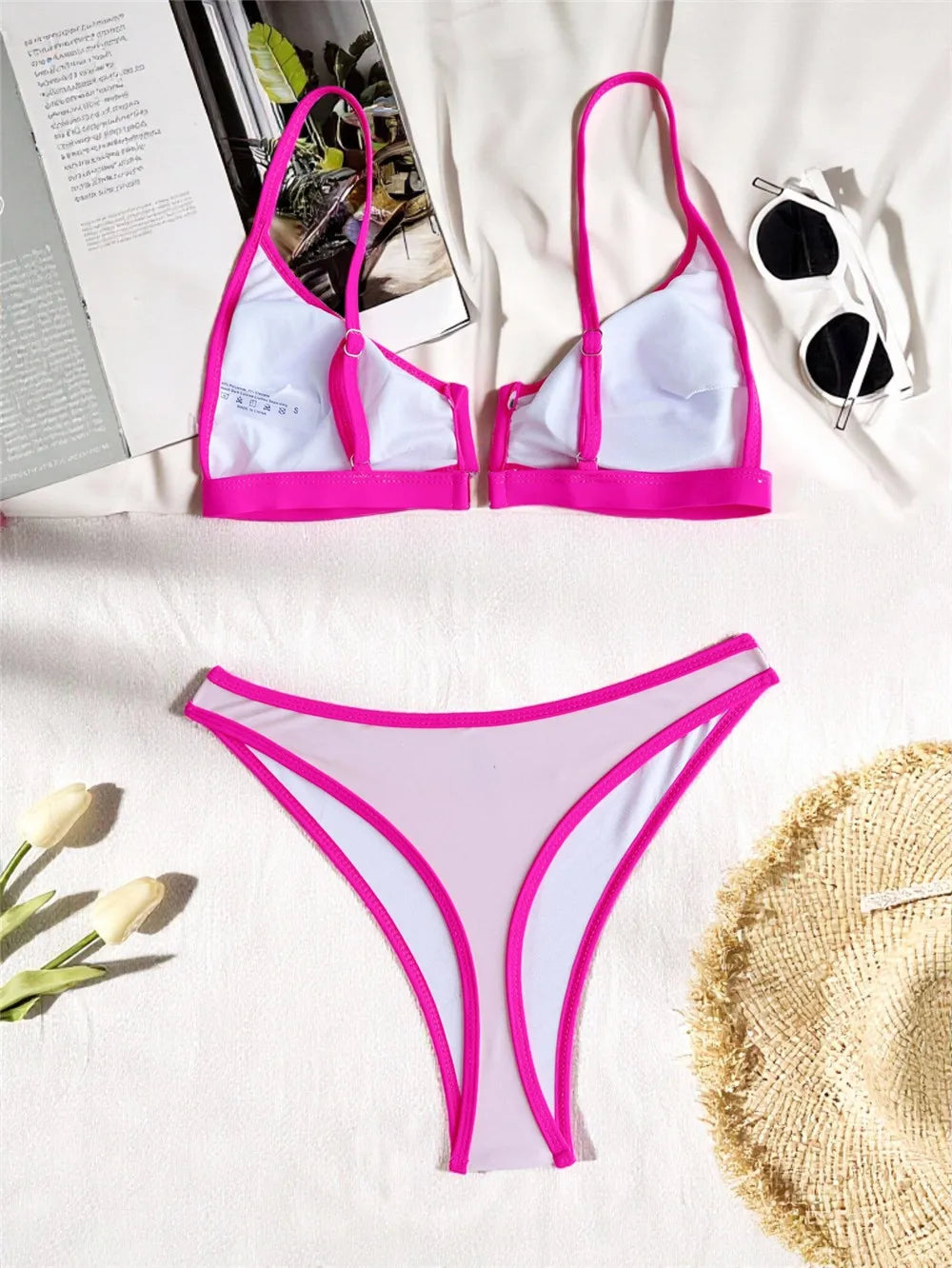 Conjuntos de bikini negros sexys con borde rosa, traje de baño con cuello en V para mujer 2025, microtanga de corte alto, bikinis de mujer