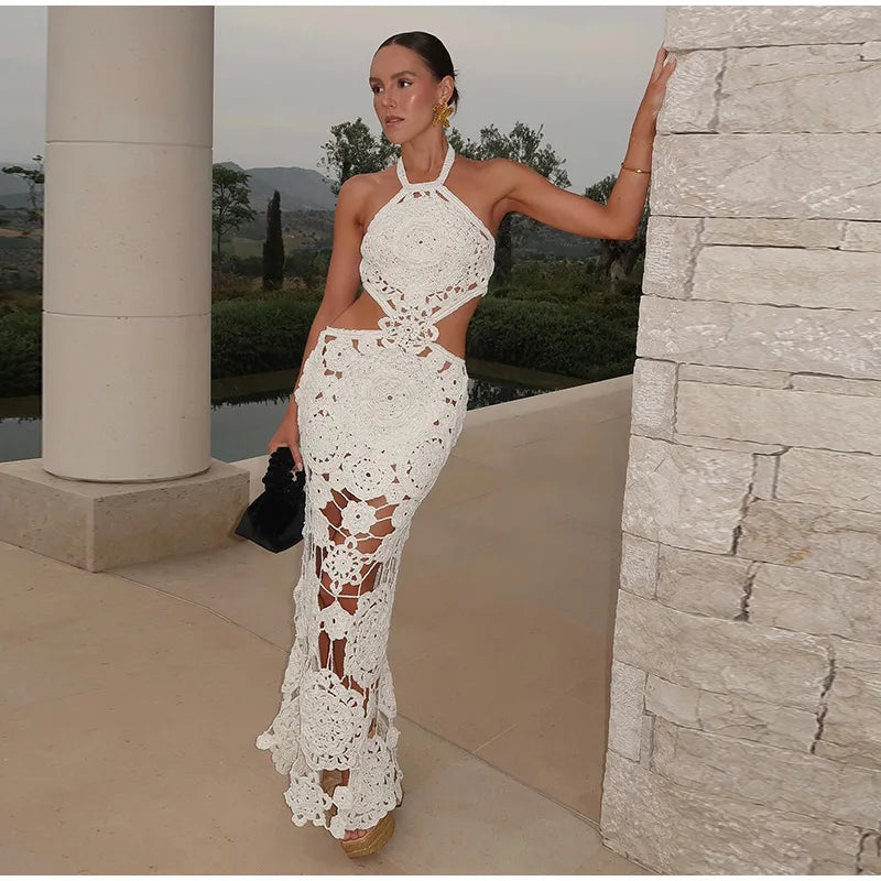 Vestido largo de punto con cuello halter y estampado floral, sexy, sin mangas y con espalda descubierta, estilo maxi, colección 2024. Ideal para la playa y las vacaciones.