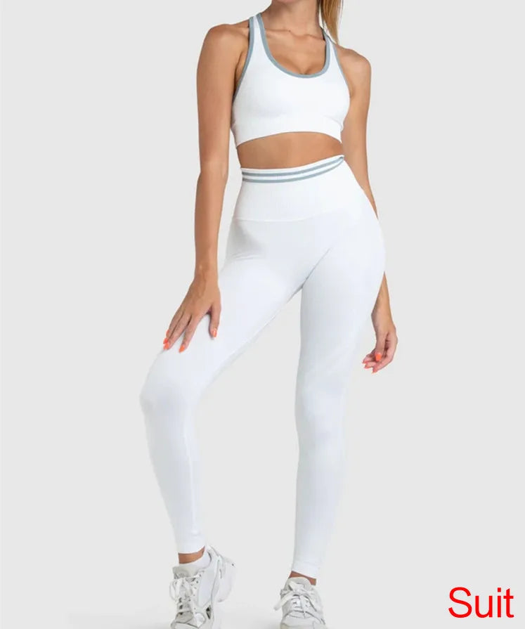 Conjuntos de ropa deportiva de media pieza sin costuras para mujer, conjuntos de gimnasio de manga larga, sujetador deportivo de yoga, leggings push up y mallas deportivas.