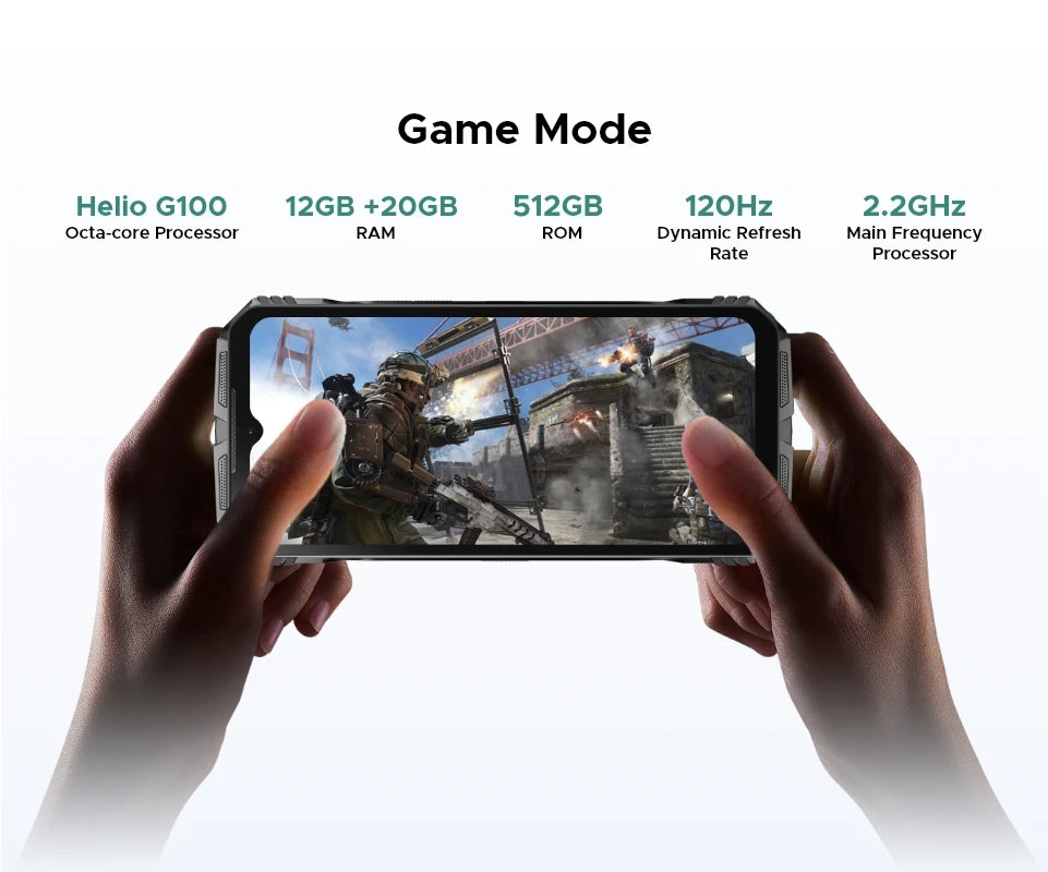 Teléfono resistente DOOGEE S Cyber ​​Pro, 12 GB de RAM, 512 GB de almacenamiento, procesador Helio G100, pantalla IPS FHD+ de 6,6" y 120 Hz, batería de gran capacidad de 10800 mAh, carga de 33 W y NFC.