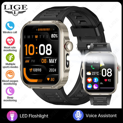 Reloj inteligente de 2,01 pulgadas para hombre y mujer, con linterna LED, control del ritmo cardíaco, para deportes al aire libre y fitness, resistente al agua