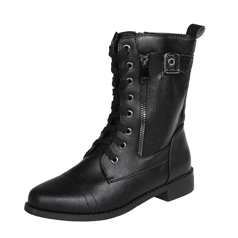Botines de tacón cuadrado para mujer, botas de trabajo cortas de piel sintética para otoño e invierno, botas elásticas con cordones de talla grande para mujer 2024