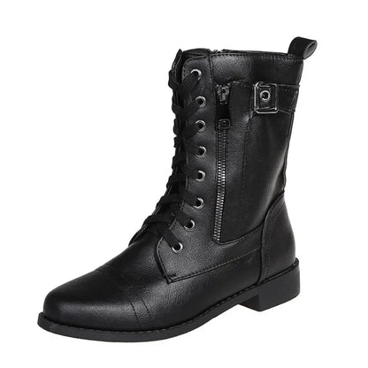 Botines de tacón cuadrado para mujer, botas de trabajo cortas de piel sintética para otoño e invierno, botas elásticas con cordones de talla grande para mujer 2024
