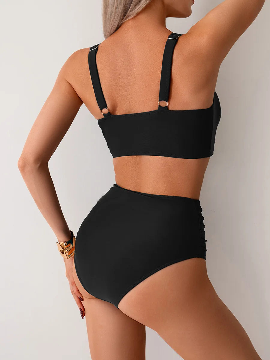 Sexy Black Two Piece Swimsuit Women Solid Push Up Padded Bikini Set Beachwear Summer Swimwear High Cut Bathing Suit Biquinis
