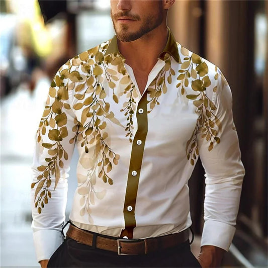 Camisa informal con estampado de hojas en 3D para hombre, nueva, para uso diario, con solapa de primavera, manga larga, abotonada, tallas S a 6XL, 2024