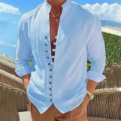 Camisa de lino y algodón para hombre, de primavera y otoño, gran oferta, camisas de manga larga para hombre, color liso, con botones, estilo informal, talla grande