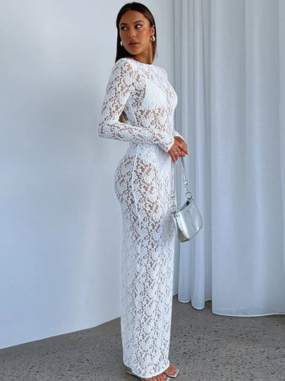 Vestido playero elegante y sexy de punto calado para mujer, moda de verano 2025, estilo vacacional, bikini de manga larga con capucha y encaje