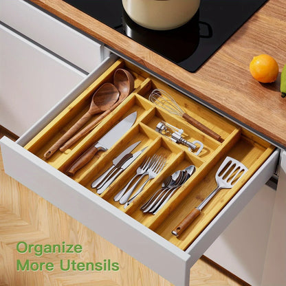 Organizador de cajones de bambú ajustable y expandible para cocina, dormitorio o sala de estar. Ideal para organizar cubiertos, cubiertos y cuchillos.