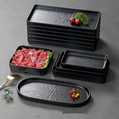 Plato de melamina negro para cena, sartenes de sushi gruesas, platos de barbacoa de porcelana de imitación, bandeja para servir comida en casa, vajilla para el hogar.