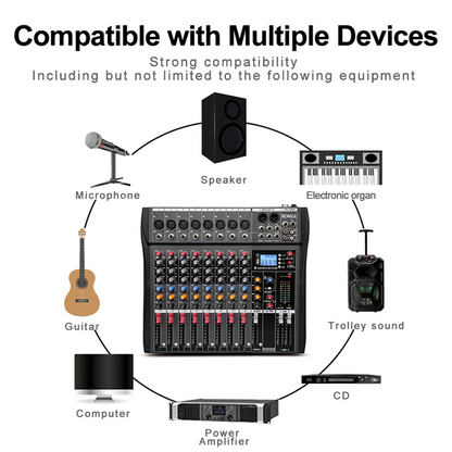 Mezclador de audio BOMGE de 8 canales, consola de mezcla de sonido con Bluetooth, entrada de grabación USB para PC, conector de micrófono XLR, alimentación de 48 V