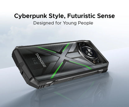 Teléfono resistente DOOGEE S Cyber ​​Pro, 12 GB de RAM, 512 GB de almacenamiento, procesador Helio G100, pantalla IPS FHD+ de 6,6" y 120 Hz, batería de gran capacidad de 10800 mAh, carga de 33 W y NFC.