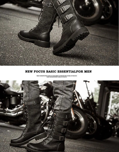 Botas vaqueras altas para hombre, zapatos con refuerzo interior, transpirables, de talla grande, informales, para motocicleta, 2025